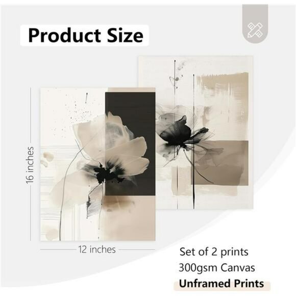 Modern abstract floral wall art neutral beige black canvas prints set of 2 decor - Picture 3 of 8